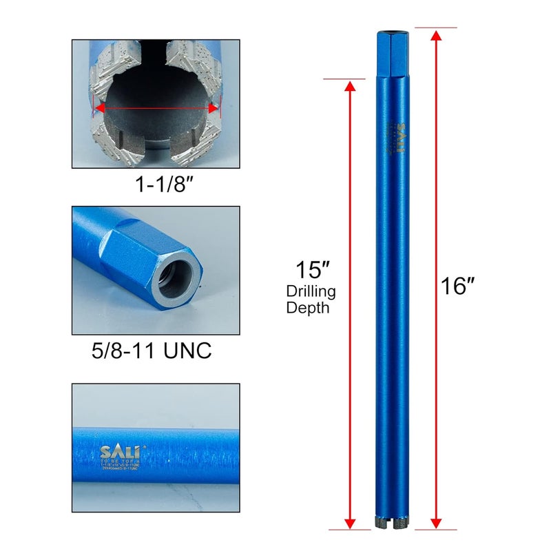 SALI Wet Diamond Core Drill Bits 1-1/8"/29mm Diameter Core Drill Bit 15"/380mm Drilling Depth Concrete 5/8-11" Thread Core Bit Turbo Laser-Welded Segments for Cured Concrete with Rebar Brick Block - Image 2